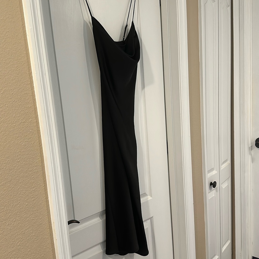 BR black petite small satin cowl front maxi slip dress w adjustable straps.